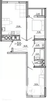 2-к квартира, вторичка, 68м2, 1/26 этаж