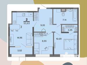2-к квартира, вторичка, 56м2, 3/22 этаж