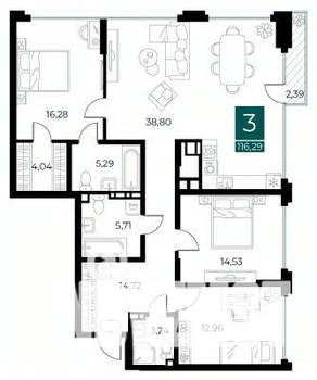 3-к квартира, вторичка, 116м2, 4/8 этаж