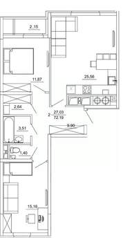2-к квартира, вторичка, 72м2, 1/26 этаж