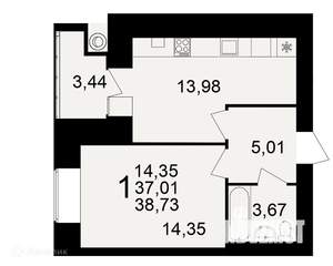 1-к квартира, вторичка, 39м2, 1/16 этаж