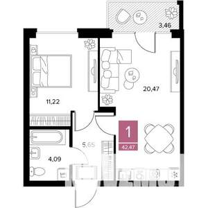 1-к квартира, строящийся дом, 42м2, 9/9 этаж