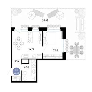 1-к квартира, вторичка, 68м2, 1/14 этаж