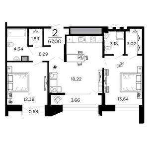 2-к квартира, вторичка, 67м2, 4/19 этаж