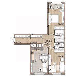 2-к квартира, вторичка, 71м2, 13/25 этаж