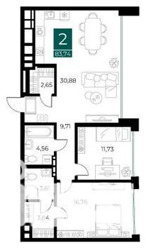 2-к квартира, вторичка, 84м2, 13/14 этаж