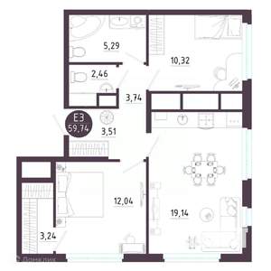 2-к квартира, вторичка, 60м2, 9/19 этаж