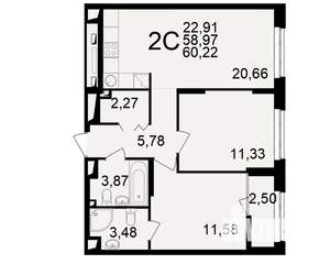 2-к квартира, вторичка, 59м2, 11/25 этаж