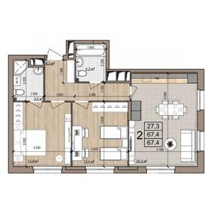 2-к квартира, строящийся дом, 67м2, 21/25 этаж