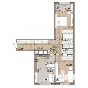 2-к квартира, вторичка, 71м2, 10/25 этаж