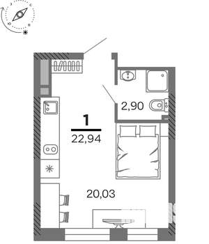 1-к квартира, вторичка, 23м2, 23/25 этаж