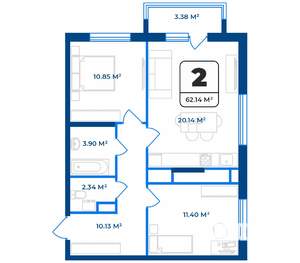 2-к квартира, строящийся дом, 62м2, 2/9 этаж
