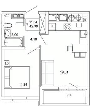 1-к квартира, вторичка, 42м2, 7/26 этаж