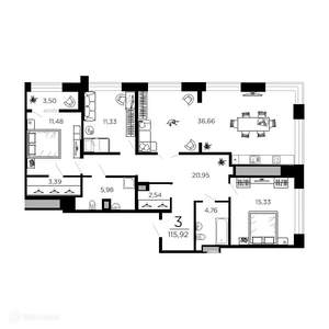 3-к квартира, вторичка, 116м2, 19/20 этаж