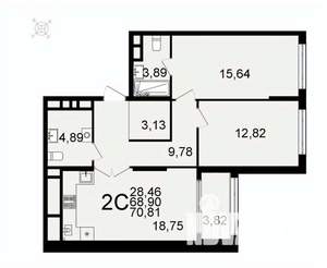 2-к квартира, вторичка, 71м2, 9/26 этаж