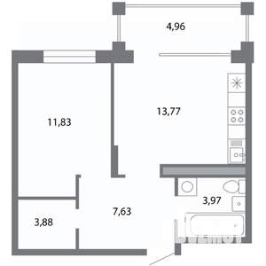 1-к квартира, строящийся дом, 44м2, 4/5 этаж