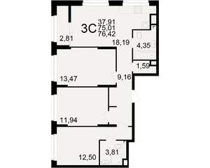 3-к квартира, вторичка, 75м2, 12/25 этаж