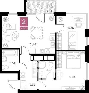 2-к квартира, вторичка, 61м2, 7/9 этаж