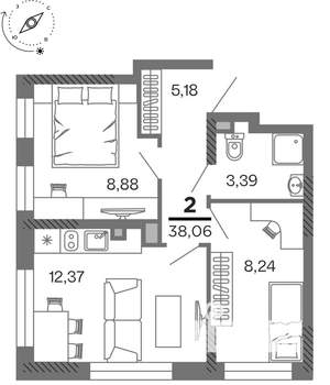 2-к квартира, вторичка, 38м2, 8/25 этаж