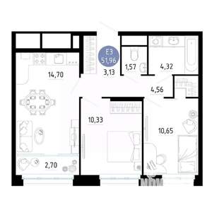 2-к квартира, вторичка, 52м2, 12/25 этаж