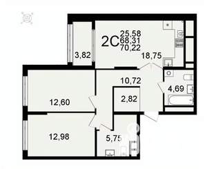 2-к квартира, вторичка, 70м2, 1/26 этаж