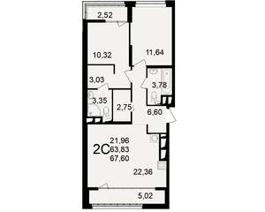 2-к квартира, вторичка, 64м2, 18/25 этаж