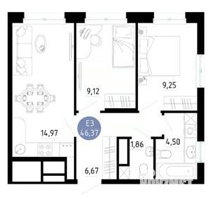 2-к квартира, вторичка, 46м2, 12/14 этаж