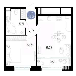 1-к квартира, вторичка, 45м2, 9/25 этаж