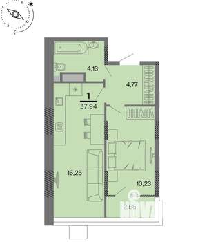 1-к квартира, вторичка, 38м2, 6/22 этаж