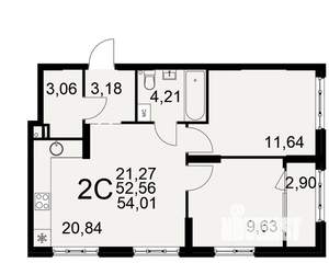 2-к квартира, вторичка, 53м2, 2/22 этаж