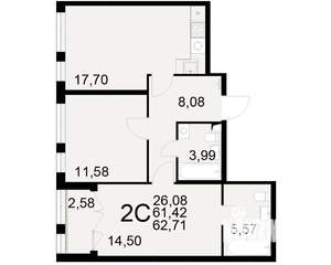 2-к квартира, вторичка, 61м2, 17/25 этаж