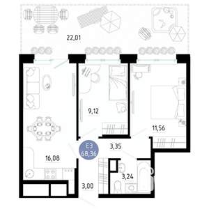 2-к квартира, вторичка, 68м2, 1/14 этаж