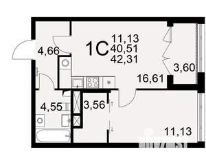 1-к квартира, вторичка, 41м2, 2/25 этаж