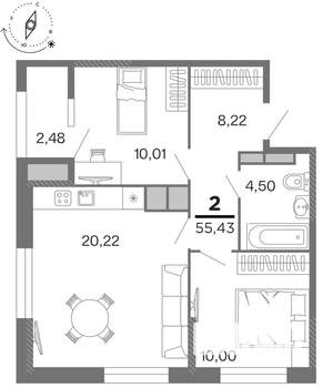 2-к квартира, строящийся дом, 55м2, 11/15 этаж