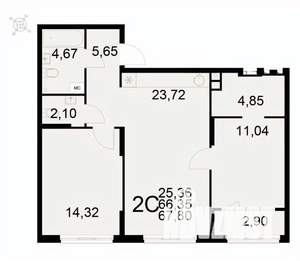 2-к квартира, вторичка, 68м2, 2/22 этаж