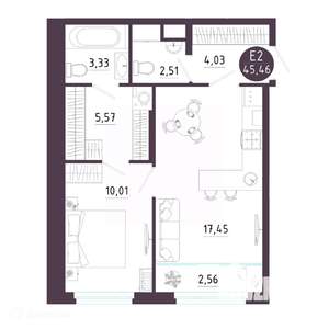 1-к квартира, вторичка, 45м2, 2/19 этаж