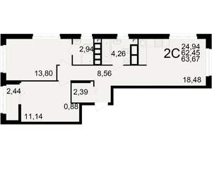 2-к квартира, вторичка, 62м2, 22/25 этаж
