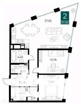 2-к квартира, вторичка, 88м2, 6/14 этаж