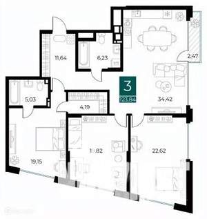3-к квартира, вторичка, 124м2, 4/14 этаж
