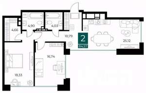 2-к квартира, вторичка, 85м2, 4/13 этаж