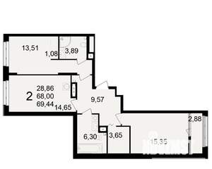 2-к квартира, вторичка, 68м2, 1/23 этаж