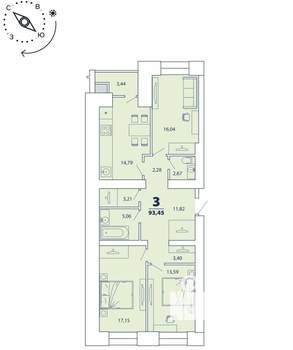 3-к квартира, строящийся дом, 93м2, 12/16 этаж