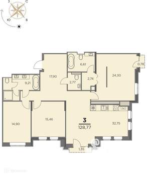 3-к квартира, вторичка, 129м2, 2/7 этаж