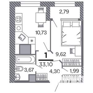 1-к квартира, строящийся дом, 33м2, 13/25 этаж