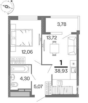 1-к квартира, строящийся дом, 39м2, 12/15 этаж