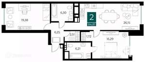 2-к квартира, вторичка, 85м2, 3/14 этаж