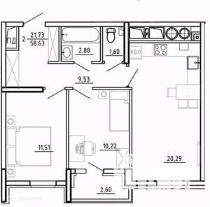 2-к квартира, вторичка, 59м2, 16/26 этаж