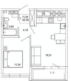 1-к квартира, вторичка, 42м2, 17/26 этаж