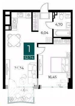1-к квартира, вторичка, 53м2, 5/9 этаж