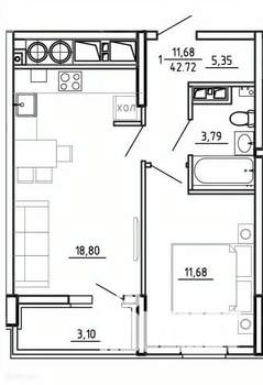 1-к квартира, вторичка, 43м2, 18/26 этаж